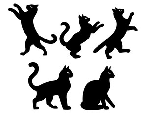 Collection of cat silhouettes set, cat icons in various poses, black color, isolated on white background
