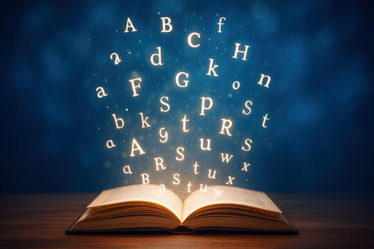 Illuminated letters ascend from open book alphabet glowing
