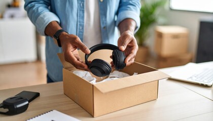 Man Unboxing Black Headphones In Home Office