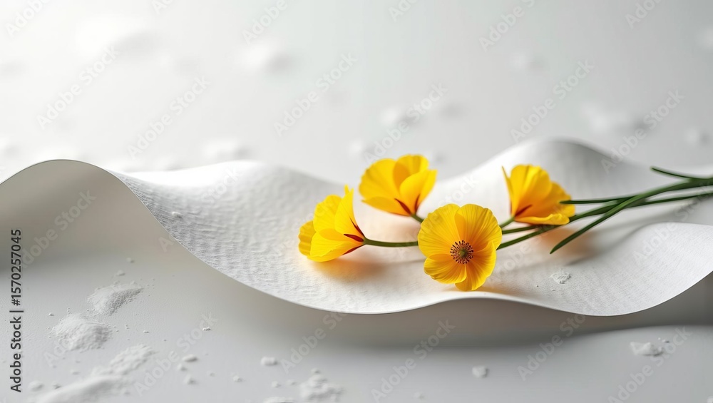 Poster yellow flowers on wavy white textured paper in minimalistic setting with soft lighting and delicate 