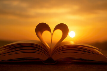 Open book pages form heart shape against golden sunset golden hour