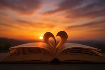Open book pages shaped into a heart against a sunset heart shape orange sky