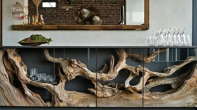 Elegant wooden sideboard with glass display, modern interior, rustic decor, urban setting