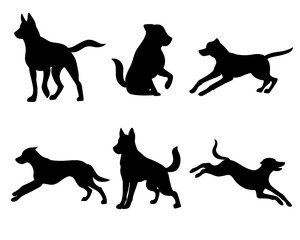 Collection of dog silhouettes set, dog icons in various poses, black color, isolated on white background
