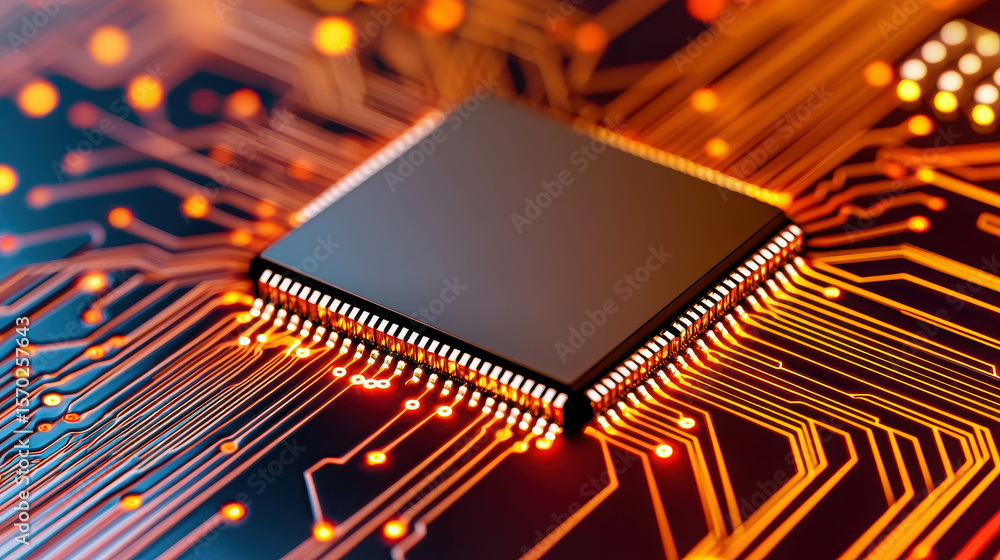 Poster close-up view of microprocessor on circuit board with glowing lines in technology environment, illus