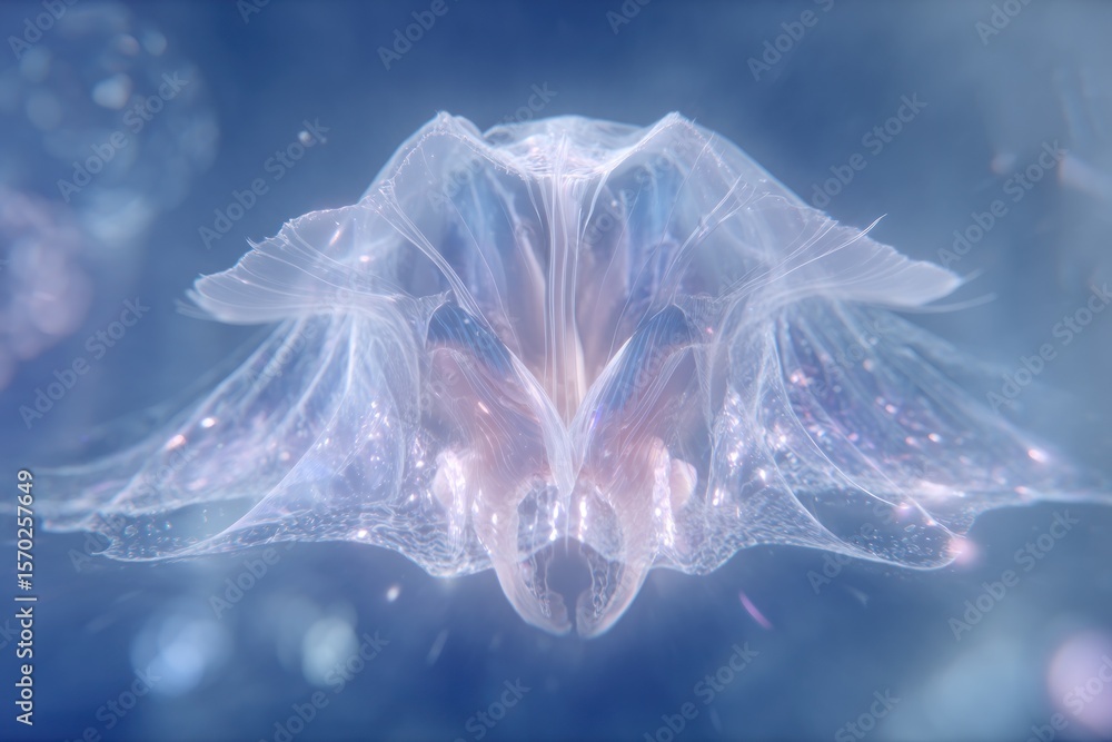 Poster a jellyfish with a translucent body floats in the water with a blue background and bokeh effect