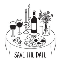 Romantic dinner setting with wine cheese flowers and candles on a table with save the date text