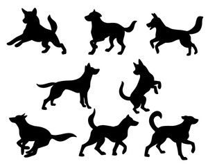 Collection of dog silhouettes set, dog icons in various poses, black color, isolated on white background
