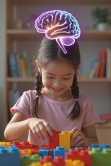 Young girl engaged in creative play with colorful building blocks at home