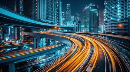 Fototapeta premium Night cityscape, swirling overpasses, motion blur