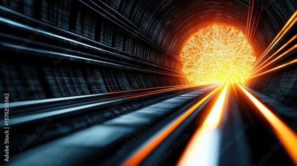 Aufkleber dynamic perspective of light rays and energetic sunburst in a tunnel with dark walls and vibrant ene