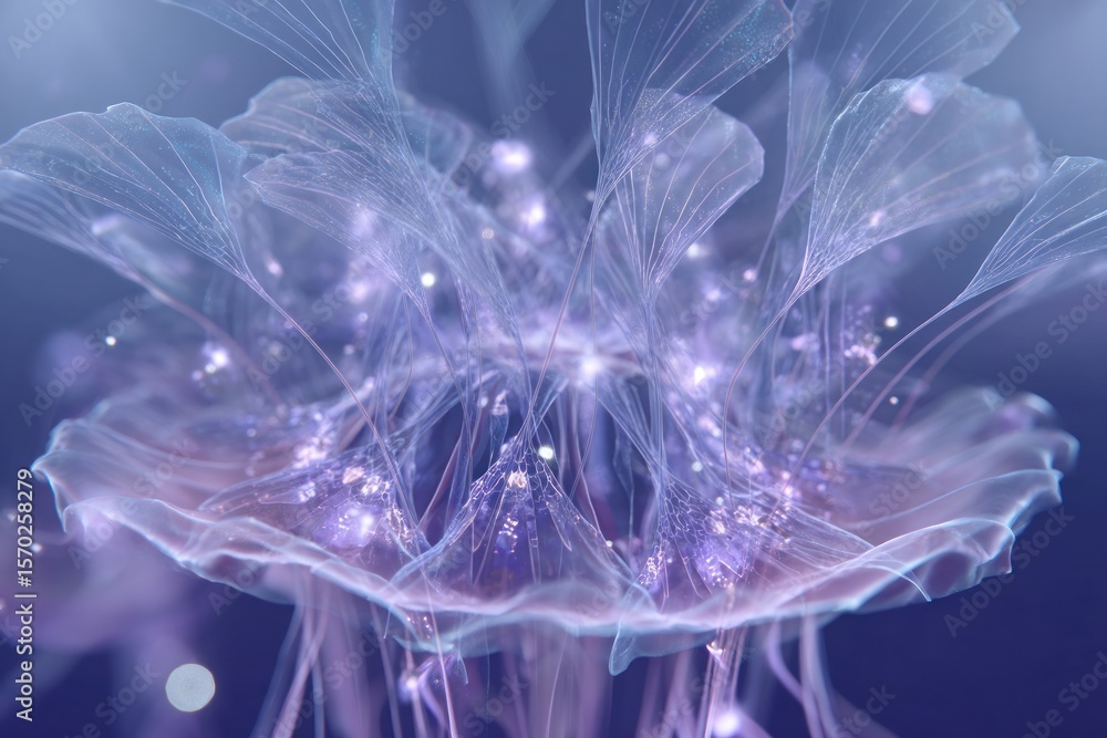 Poster a translucent jellyfish with glowing specks floating in a dark blue environment with flowing tentacl