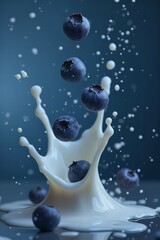 Blueberries splash into milk creating dynamic visual effect in motion