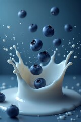 Fresh blueberries creating a splash in creamy milk on a blue background