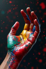 Vibrant hand covered in colorful paint against a dark background