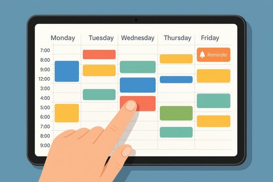 Tablet scheduling display with colorful events and finger interaction calendar planner