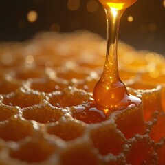 Honey drips from honeycomb cells in a bright environment