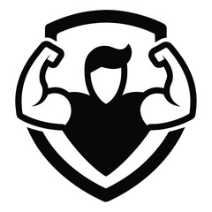 Strong black and white flexed bicep muscle icon on white background