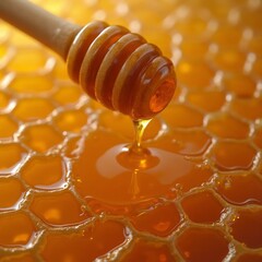 Honey drips from a dipper onto a honeycomb surface in natural light