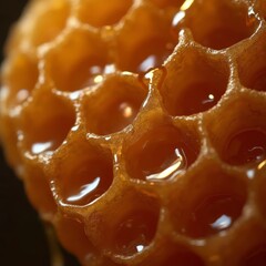 Close-up of honeycomb dripping with golden honey in natural light
