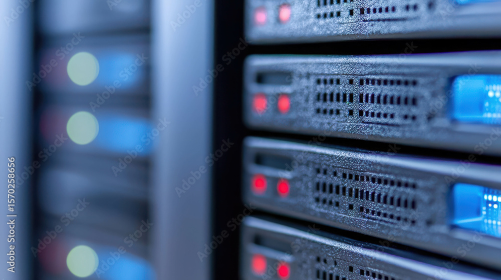 Poster close-up of server rack with blinking lights, data storage units, and network equipment, infrastruct
