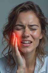 Woman experiencing tooth pain while holding her face in a studio setting