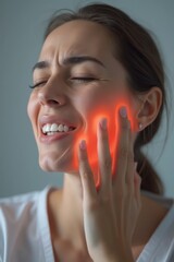 Woman experiencing facial discomfort while touching her cheek in indoor setting