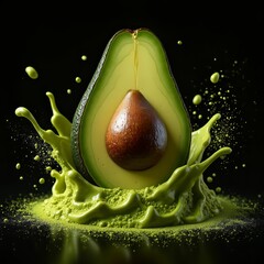 Juicy avocado cut in half with green splash and vibrant details