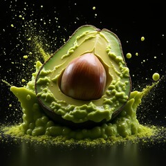 Green liquid surrounds a cut avocado with seed on a dark backdrop