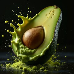 Fresh avocado splashing with vibrant green hues and powder
