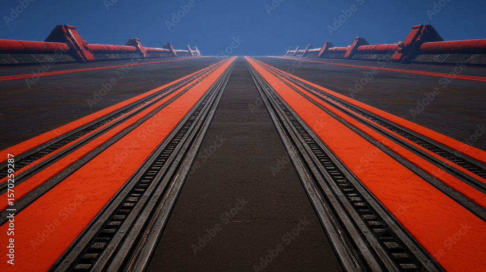 Poster perspective view of an abstract pathway with red lines and industrial textures leading into a distan