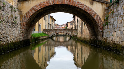 Fototapeta premium Tranquil Arch Bridge Over Calm Waterway Surrounded by Charming Historic Buildings in Beautiful Italian Village