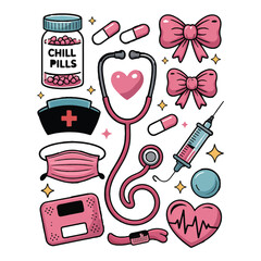 Cute pink medical icons featuring a stethoscope pills syringe nurse hat and heartbeat