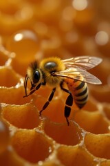 Honey bee collecting nectar from honeycomb in a warm, sunlit setting