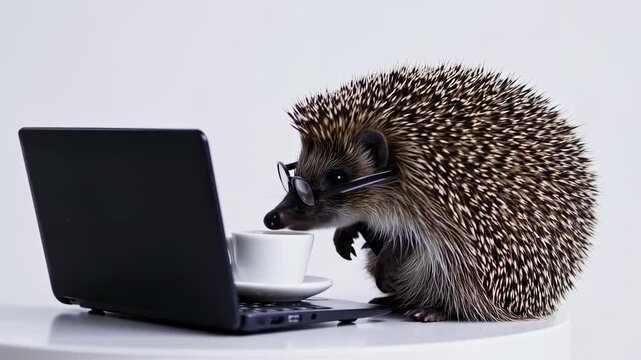 Adorable hedgehog wearing glasses uses a laptop while enjoying a coffee break concept video