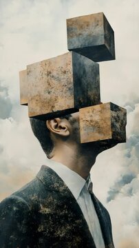 A man with two cubes on his head