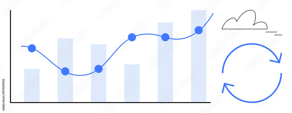 Poster bar and line graph merging progress and trends, dual circular arrows suggesting cycle or iteration, 