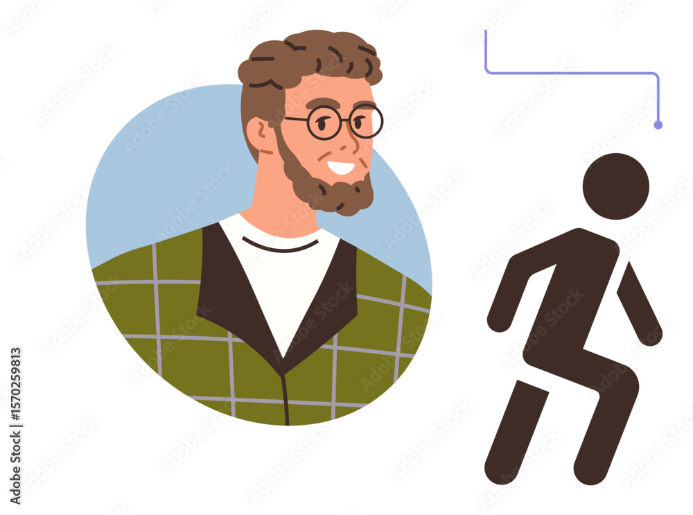 Poster smiling man with beard and glasses paired with a simple running stick figure. ideal for personality,
