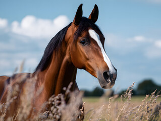 Fototapeta premium Majestic brown horse standing proudly in a sunny pasture. Beautiful countryside landscape with a powerful equine under a vast blue sky with copy space.
