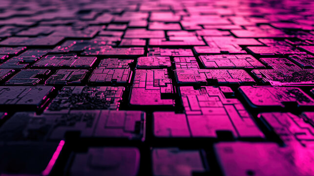 Abstract view of complex digital circuit patterns with vibrant purple and pink colors showcasing technology and modern design aesthetics in detail