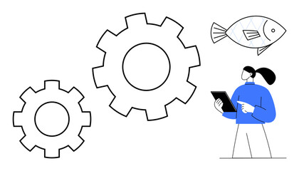 Person holding tablet beside abstract gears and floating fish. Ideal for innovation, problem-solving, workflow, creativity, strategy, tech concepts, simple landing page © robu_s