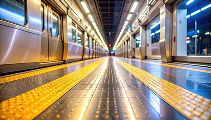 Perspective View Of A Metro Train Platform With Metallic Train Doors And Yellow Warning Lines
