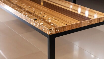 Polished Terrazzo Bench Surface with Wood Texture and Black Metal Frame in Contemporary Design