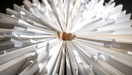 Radial Arrangement Of Shredded Book Pages Forming Sunburst Pattern With White And Beige Tones