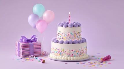 Birthday Cake with Balloons and Gifts on Purple Background Celebration Scene