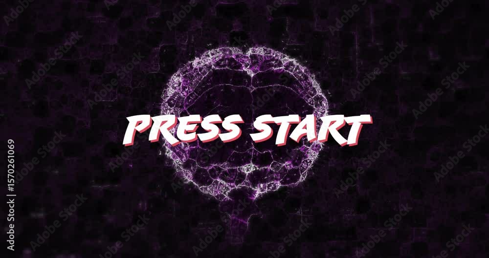 Poster press start text sliding into view triggers purple brain outline pulsing sparks drawing attention