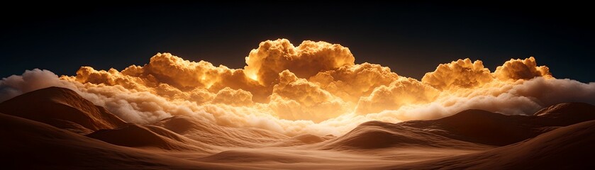 Breathtaking panoramic view of a desert landscape with towering mountains silhouetted against a sky filled with warm glowing clouds at sunset