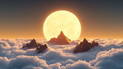 Dramatic serene landscape with snow capped mountain peaks silhouetted against a vibrant sunset sky surrounded by a tranquil sea of clouds