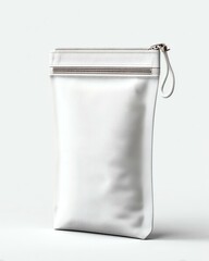Minimalist White Leather Pouch: A sleek, minimalist white leather pouch, with a zipper closure and a convenient wrist strap, exuding understated elegance and modern functionality.