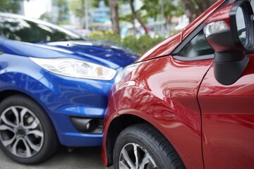 Cars accident, Car crash, Red and blue cars collide